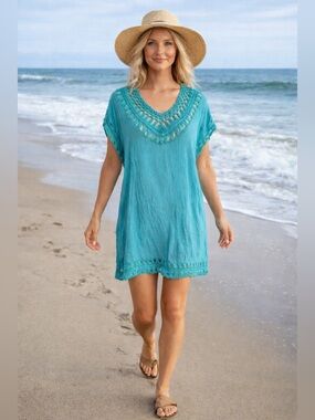 Turquoise Crochet-Trim Beach Vacation Cover-Up Dress